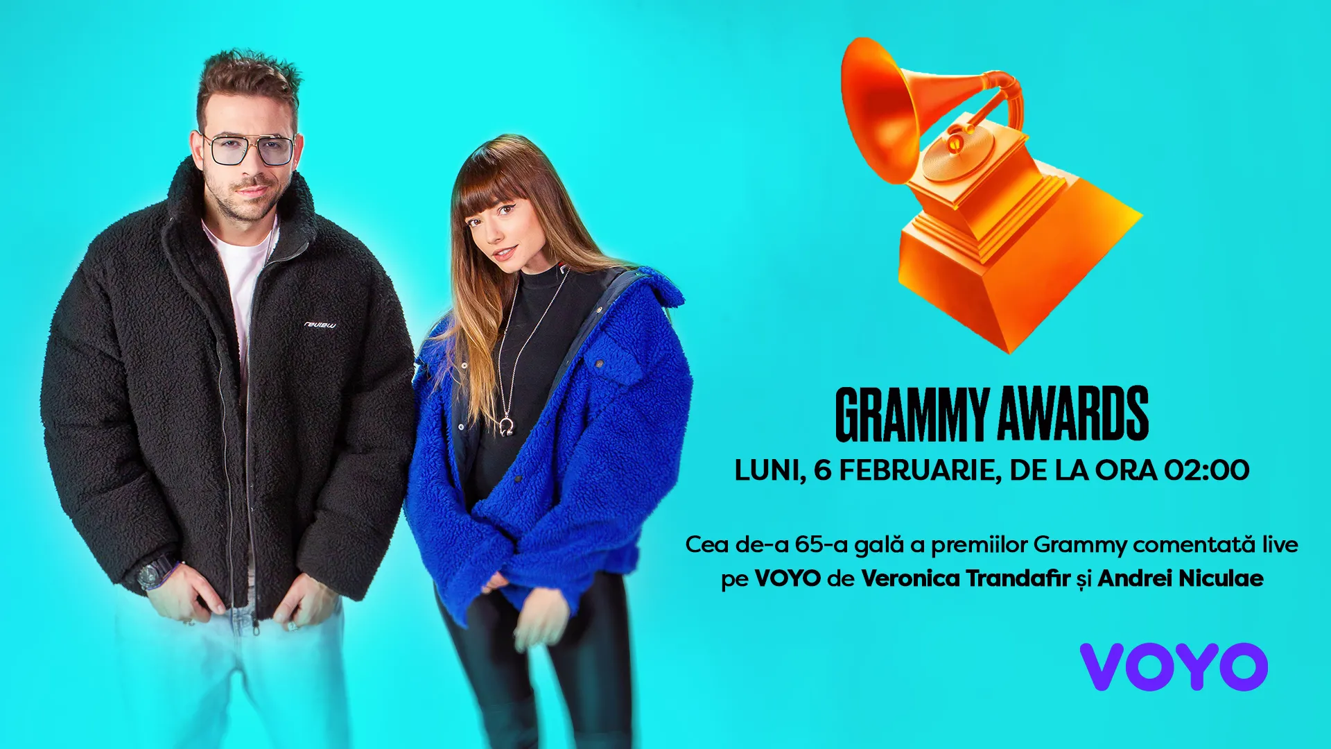 Veronica Trandafir si Andrei Niculae comenteaza LIVE Premiile Grammy! Luni, 6 februarie, de la ora 2:00, pe VOYO!