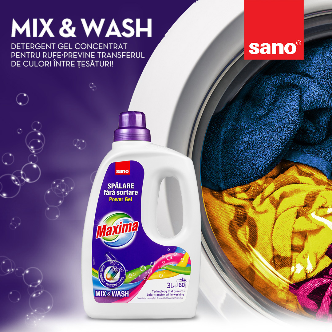 SANO a lansat detergentul gel MAXIMA Mix&Wash, ce previne transferul de culori între țesături