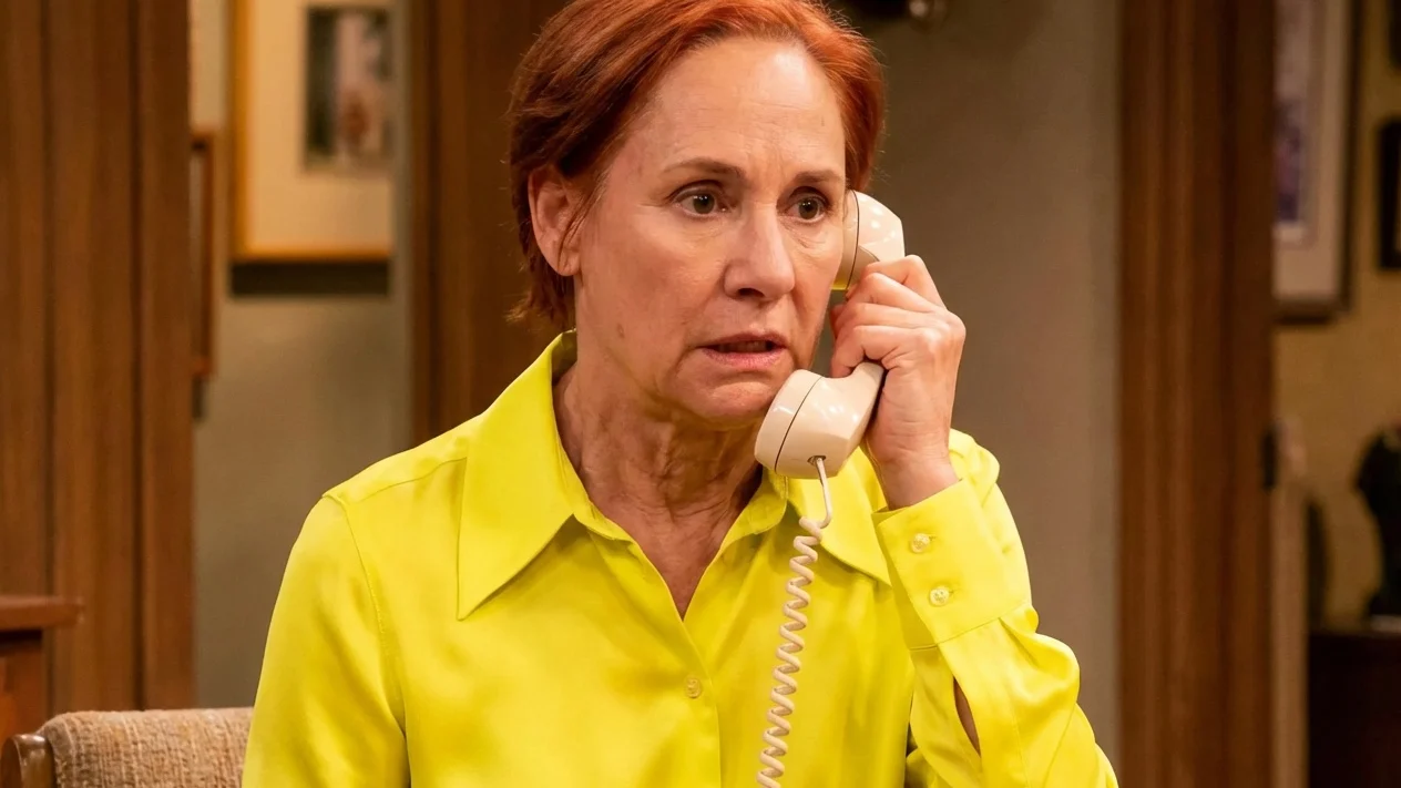 An image collage containing 2 images, Image 1 shows Laurie Metcalf attends the NYC Premiere Screening and Party for BIG MISTAKES, Image 2 shows Laurie Metcalf crying on the phone in a scene from Roseanne