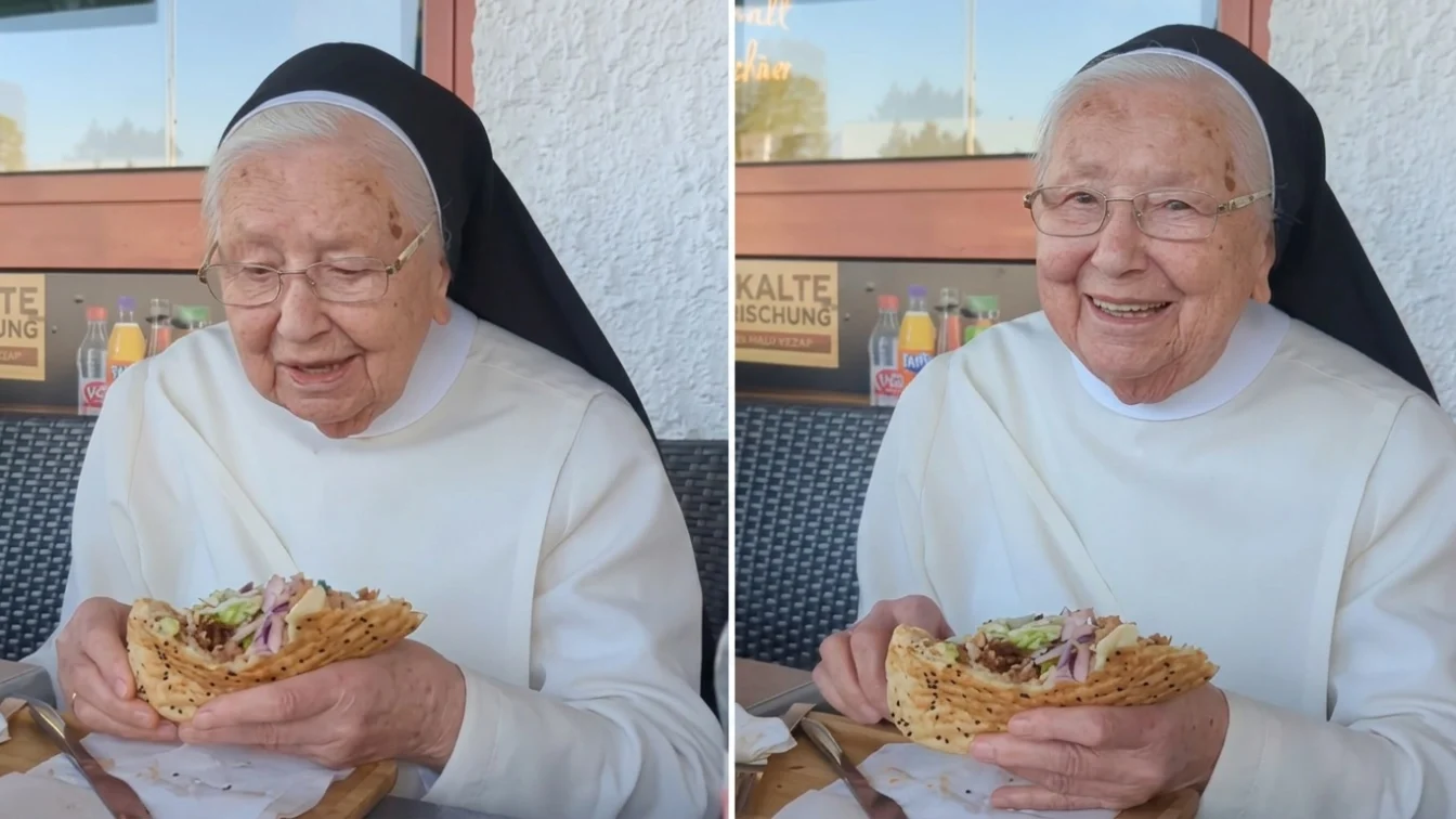 O călugăriță de 92 de ani a mâncat primul kebap. Reacția ei a făcut internetul să explodeze