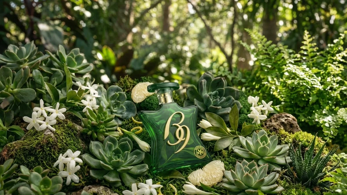 Green Bond No. 9 Tuxedo Park perfume bottle with gold "B9" emblem and "Bond No. 9 NYC Tuxedo Park" label, surrounded by plants and grapefruit segments.