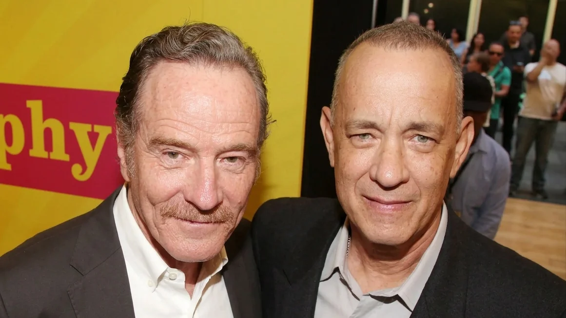 Bryan Cranston and Tom Hanks pose at the opening night of "Celebrity Autobiography" on Broadway.