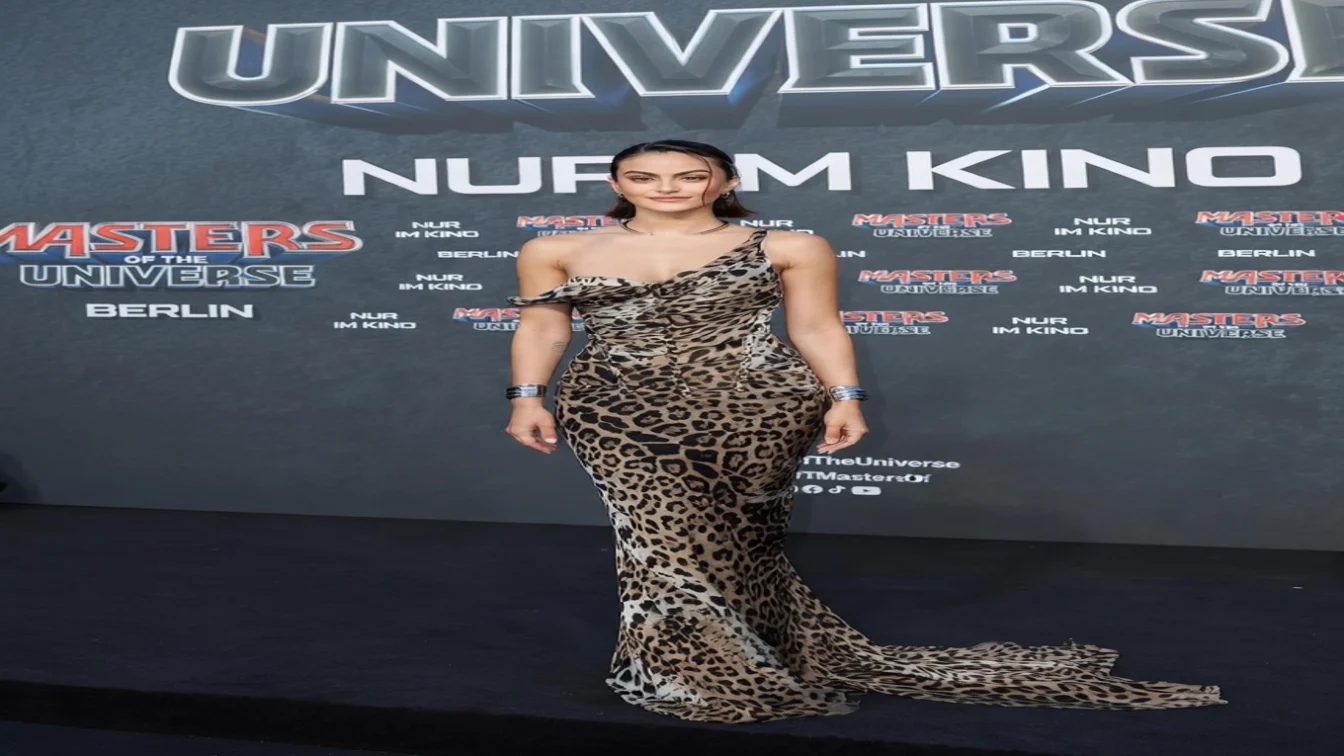 Camila Mendes wore a vintage Roberto Cavalli leopard-print gown to the Masters Of The Universe Berlin premiere.