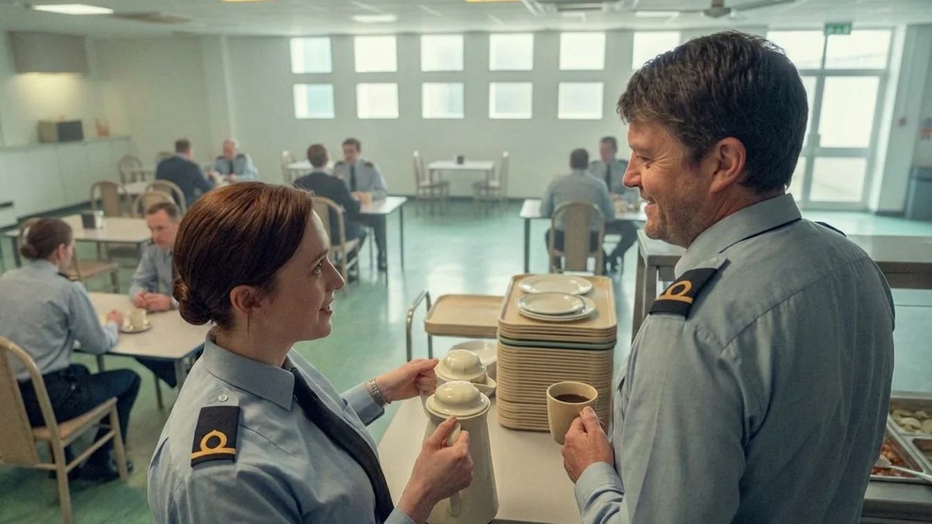 A woman and a man in shirts and ties look at each other
