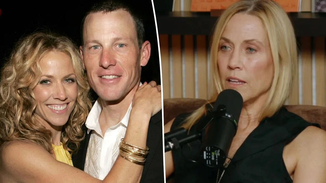 Collage of Sheryl Crow with Lance Armstrong and a later image of her during an interview.