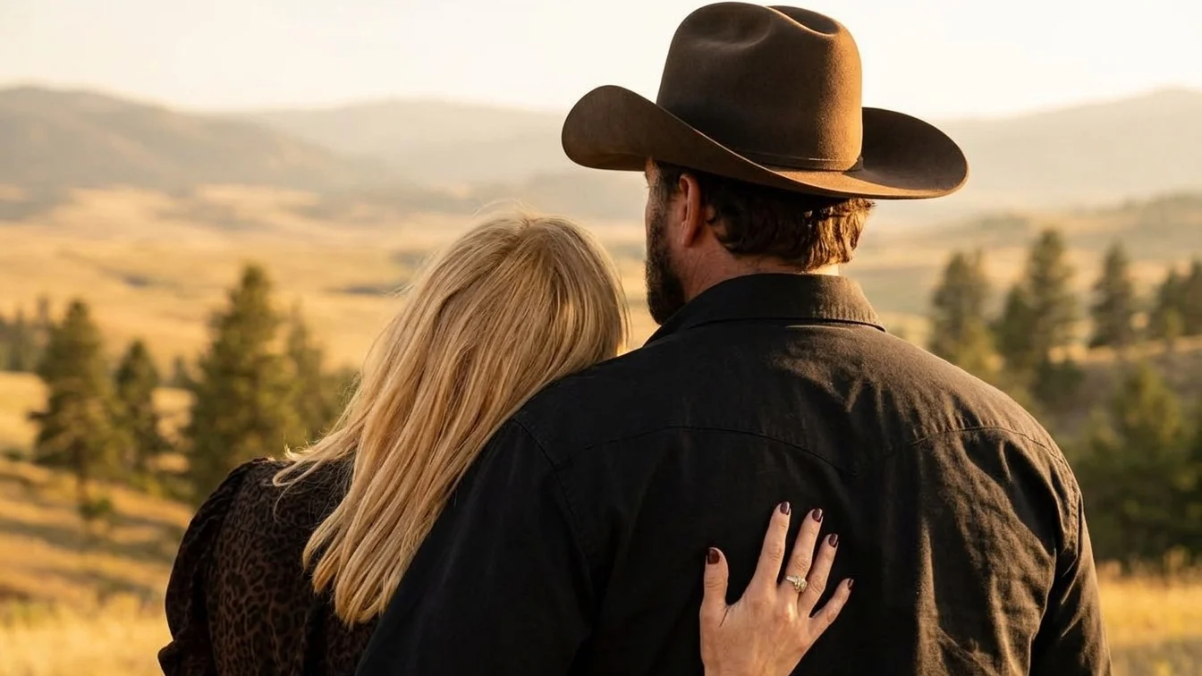 An adult man and woman stand closely together, embracing each other in an outdoor setting with trees in the background. The man is wearing a cowboy hat and a black shirt, while the woman has blonde hair and is dressed in a brown top.