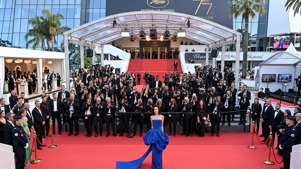 Demi Moore Self-Portrait featuring a sculptural blue moiré gown with oversized bow detailing and extended sash train.