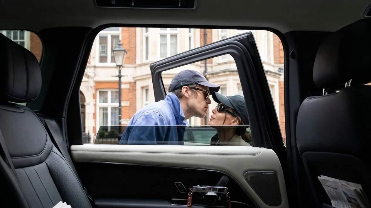 Harry Styles leaning into a car to kiss Zoë Kravitz, who is wearing sunglasses and a baseball cap.