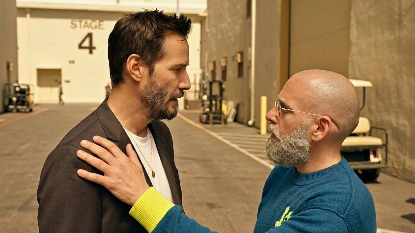 A bald man rests his hand on another man's shoulder