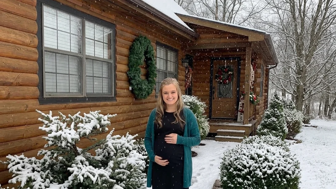 Pregnant woman in a black dress and teal cardigan, smiling outdoors in the snow.