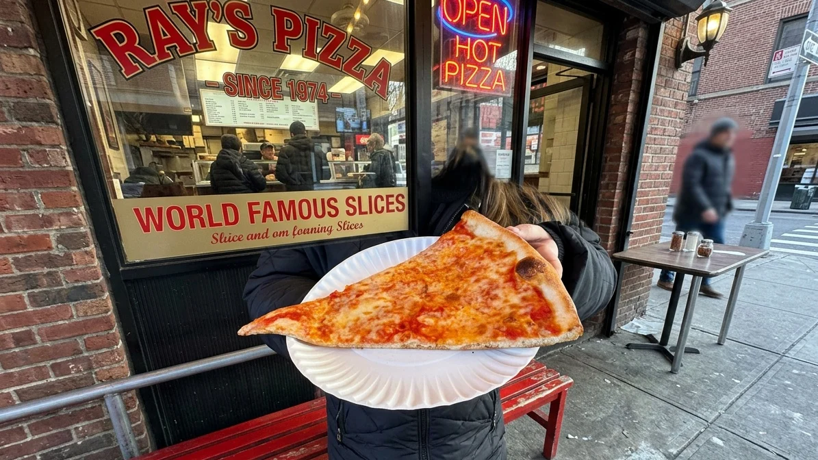 A huge slice of pizza on a paper plate