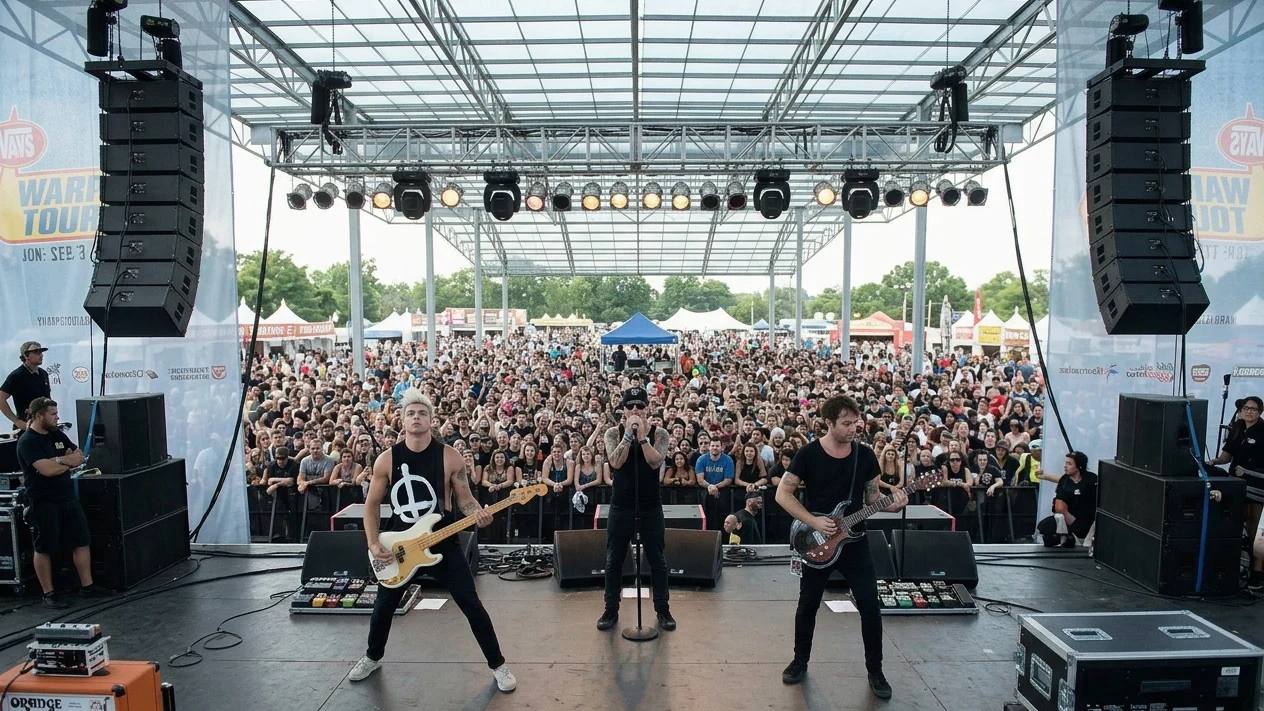 MILWAUKEE, WI - AUGUST 01: Stuart Richardson, Ian Watkins and Mike Lewis of Lostprophets perform on stage during Warped Tour at Marcus Amphitheatre on August 1, 2012 in Milwaukee, United States. (Photo by Daniel Boczarski/Redferns via Getty Images)