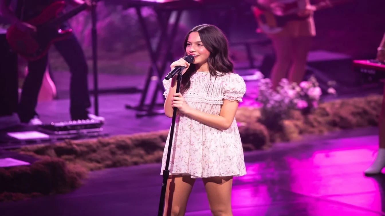 Olivia Rodrigo singing into a microphone on stage.