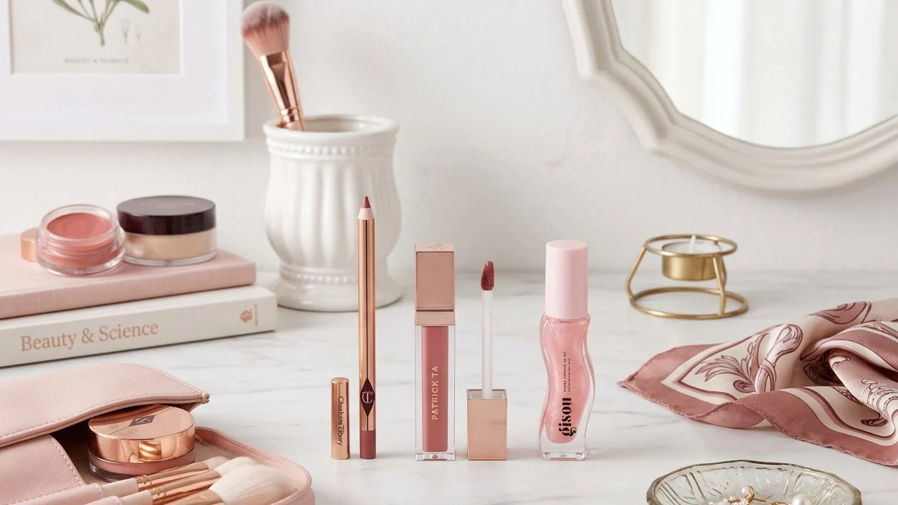 Charlotte Tilbury lip liner, Patrick Ta lip creme, Gisou lip oil