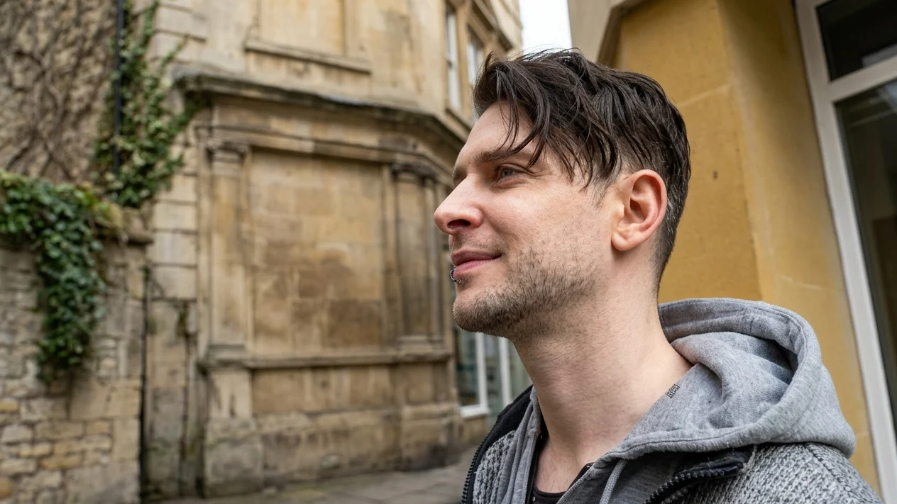 A man with dark hair, light stubble, and a lip ring with dried blood, smiling and looking up.