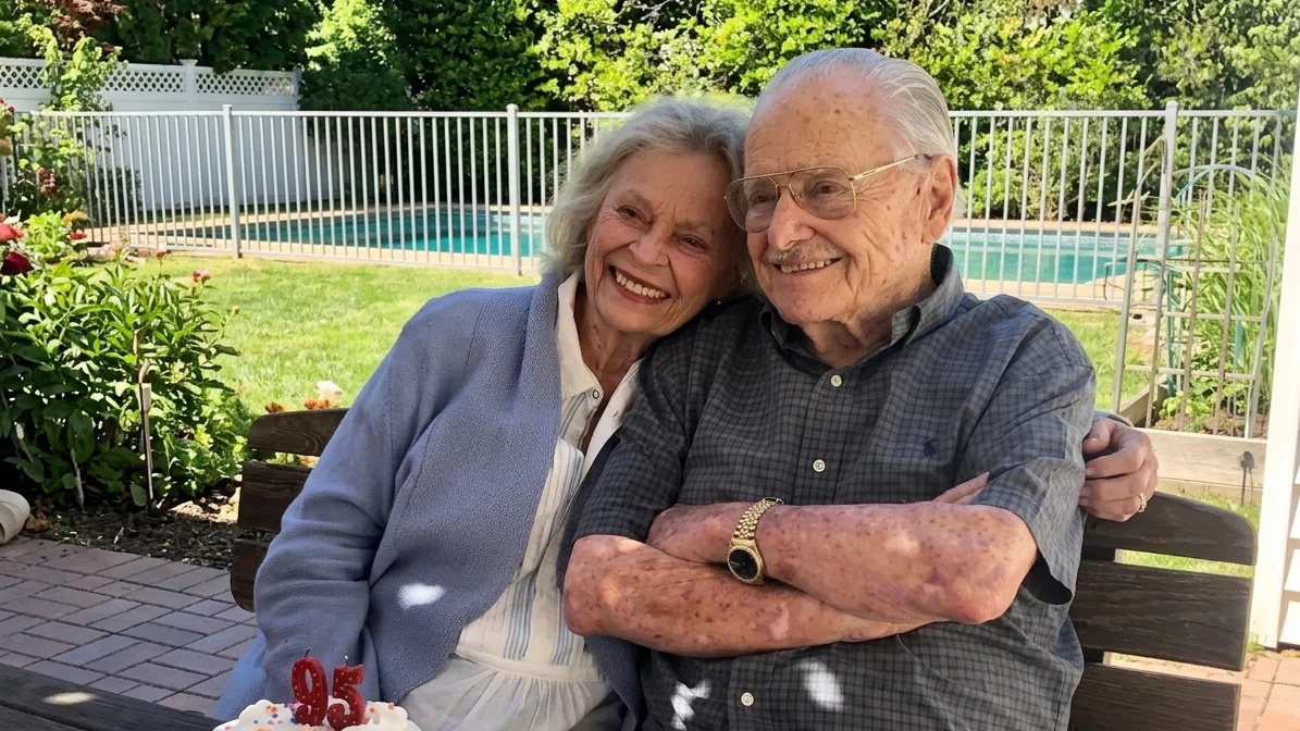William Daniels and Bonnie Bartlett smiling with a cake with "95" candles in front of them.
