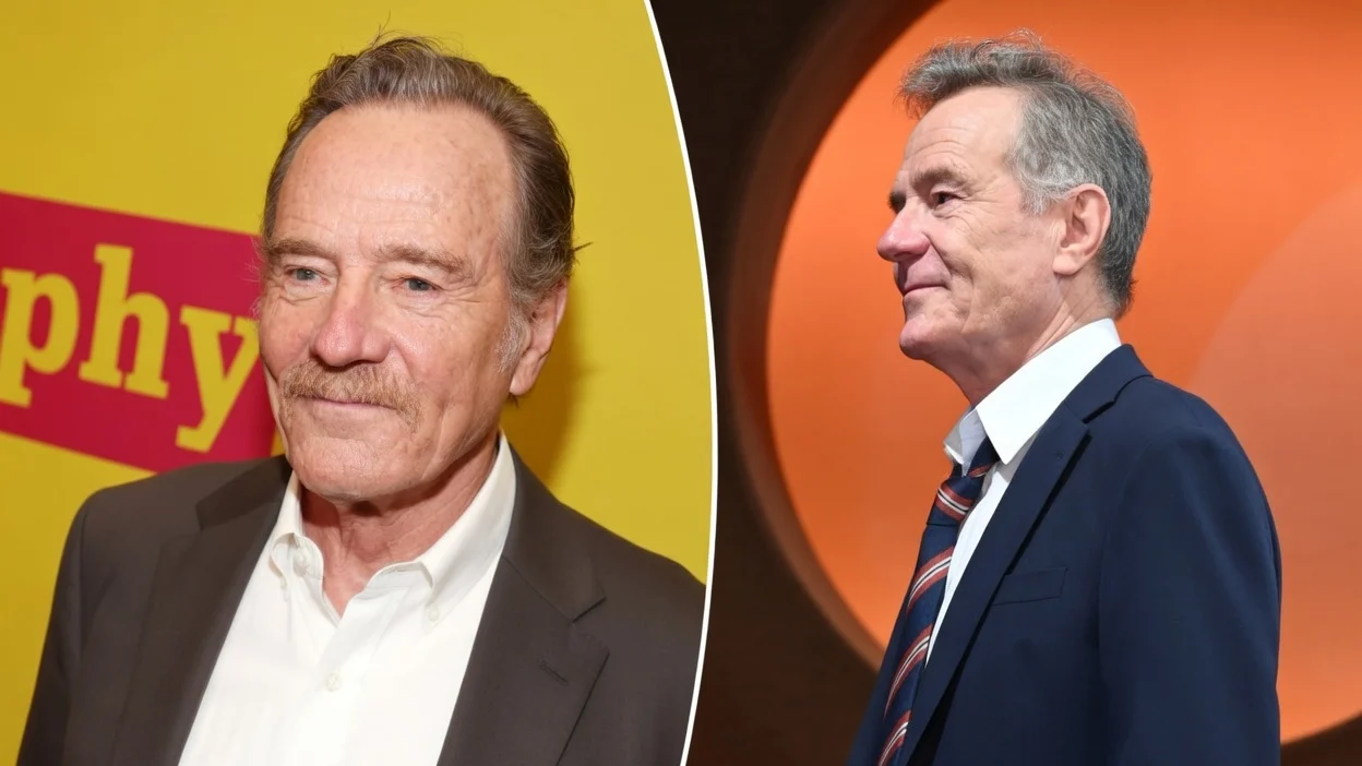 An image collage containing 2 images, Image 1 shows Bryan Cranston and Tom Hanks pose at the opening night of "Celebrity Autobiography" on Broadway, Image 2 shows Bryan Cranston bowing during the curtain call for "All My Sons"