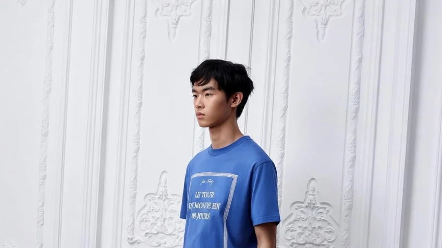 Dior menswear runway look featuring the Le Tour Du Monde En 80 Jours graphic T-shirt.