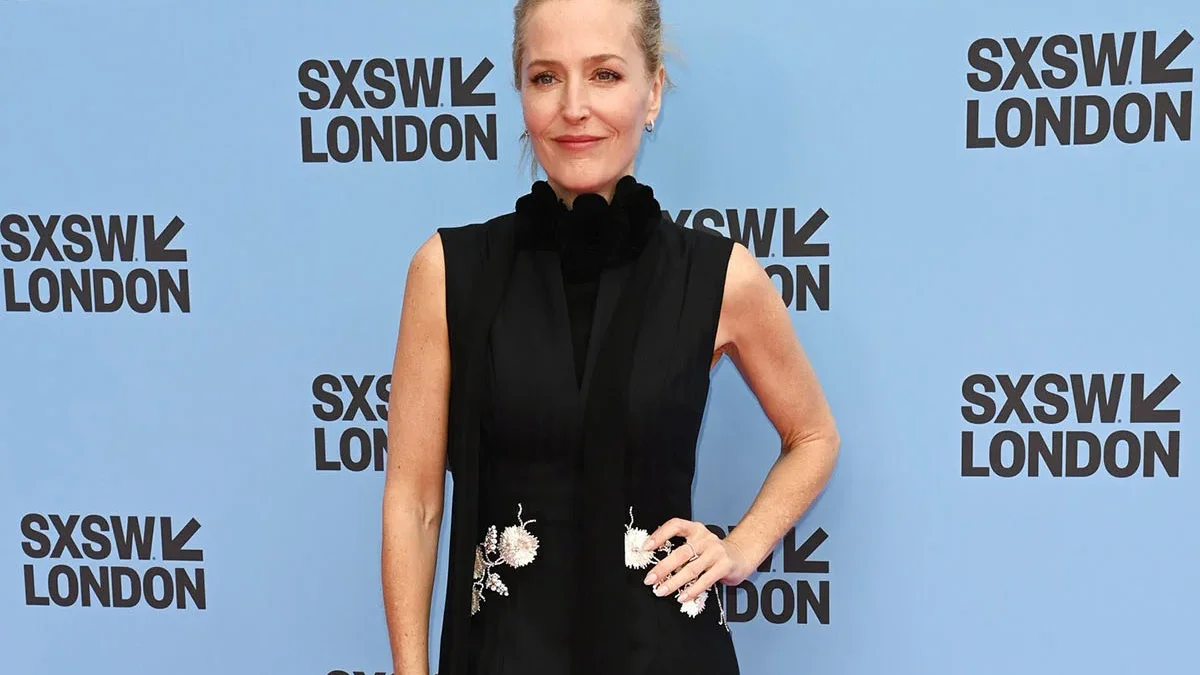 Gillian Anderson wearing Huishan Zhang Resort 2027 at the Teenage Sex and Death in Camp Miasma premiere during SXSW London