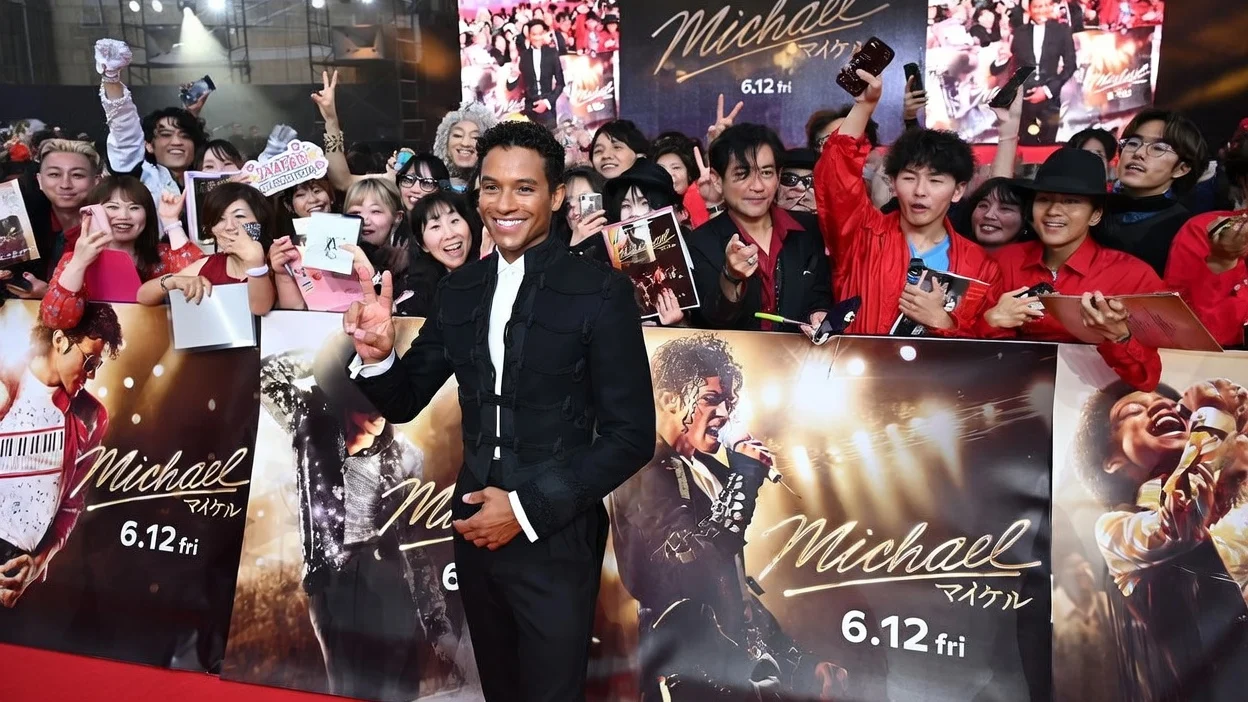 Close-up of Jaafar Jackson with fans at the Michael Japan premiere in Tokyo.