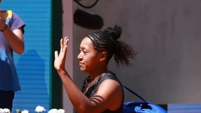 Naomi Osaka wearing a Nike x Germanier sequinned tennis look at Roland-Garros 2026 in Paris