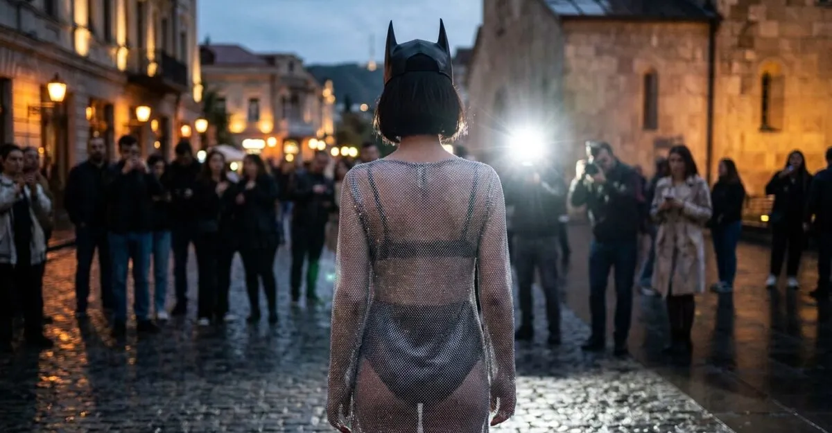 Bianca Censori, apariție incendiară la 31 de ani în Tbilisi. Cum a aprins internetul rochia tip plasă și masca Batman