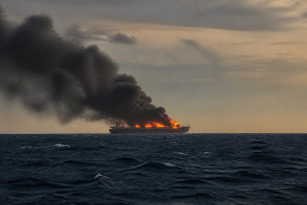 O navă a fost lovită în Marea Neagră și a luat foc. Ce se vede în primele imagini de la bord