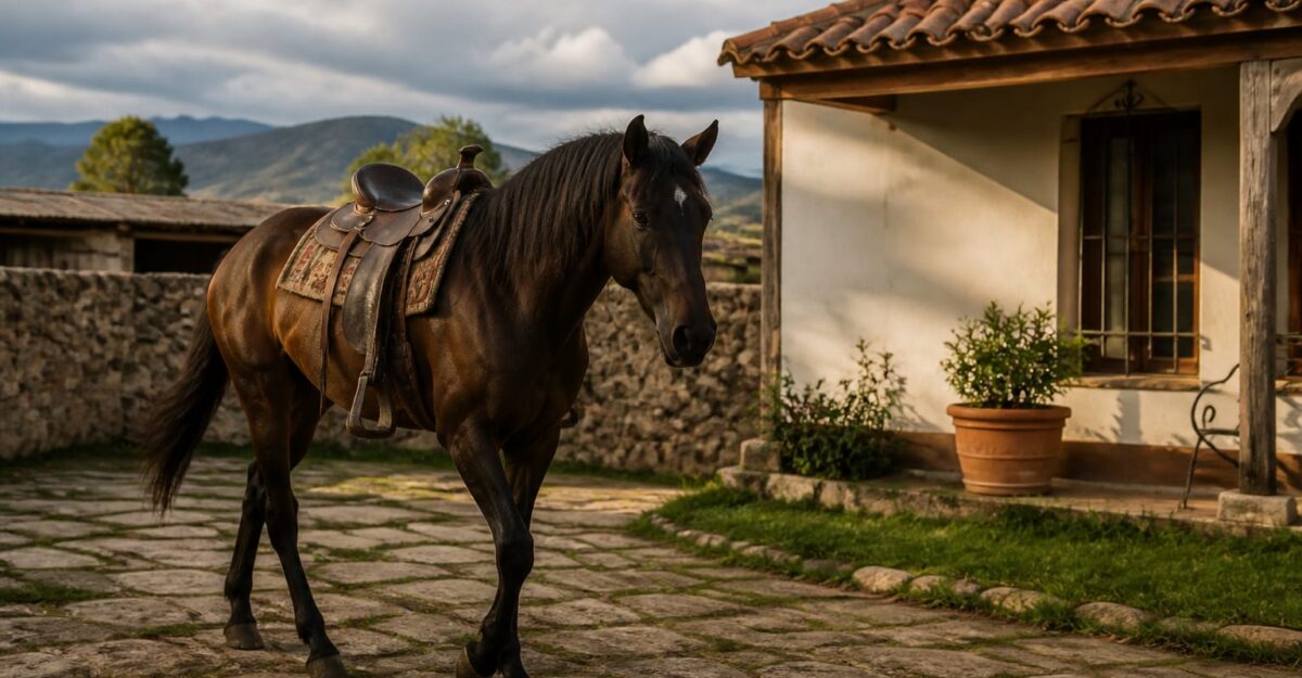 Dragoș Bucur, călare prin curtea casei din Moșteni-Greci