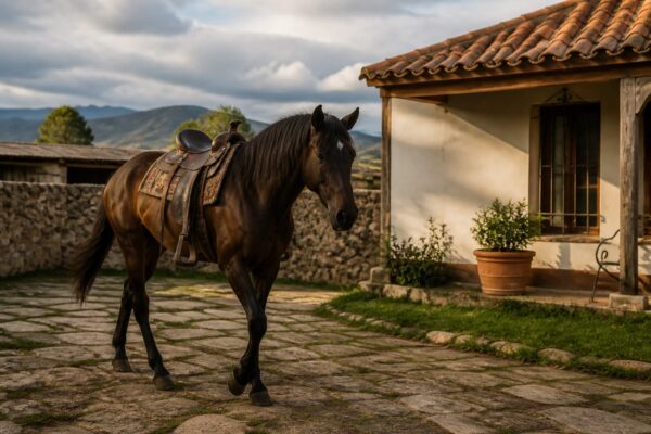 Dragoș Bucur, călare prin curtea casei din Moșteni-Greci
