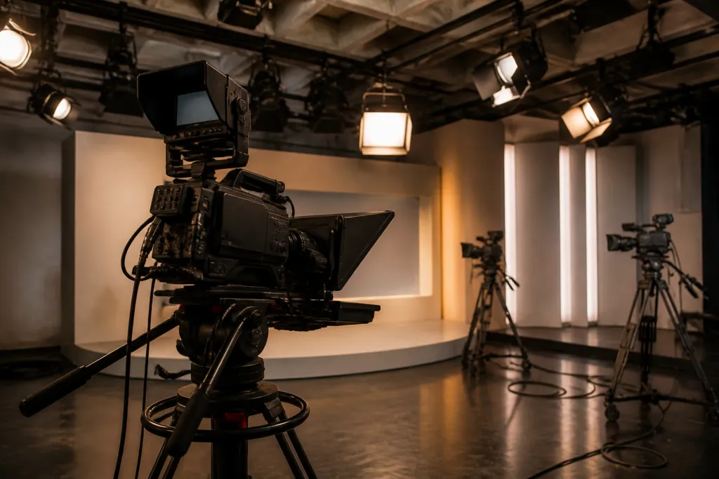 Un platou de televiziune profesional, gol, echipat cu mai multe camere video de studio pe trepiede si lumini de scena suspendate